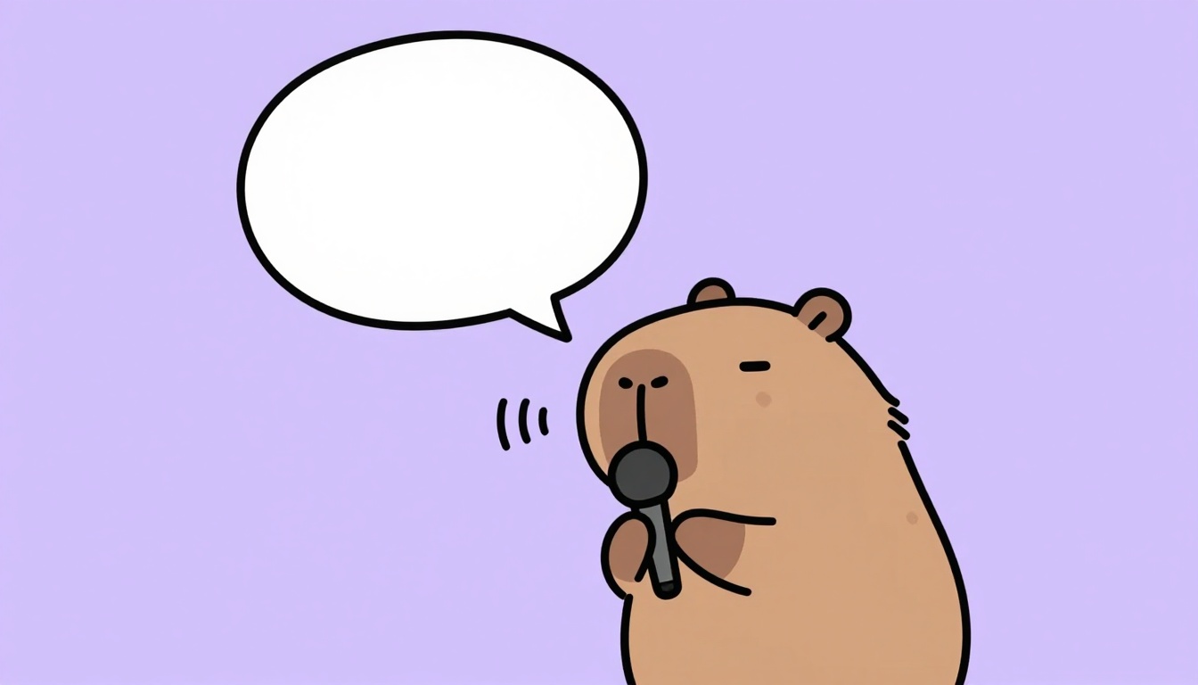 Capivara conversando com balões de fala e um microfone, representando prática de fala em voz alta