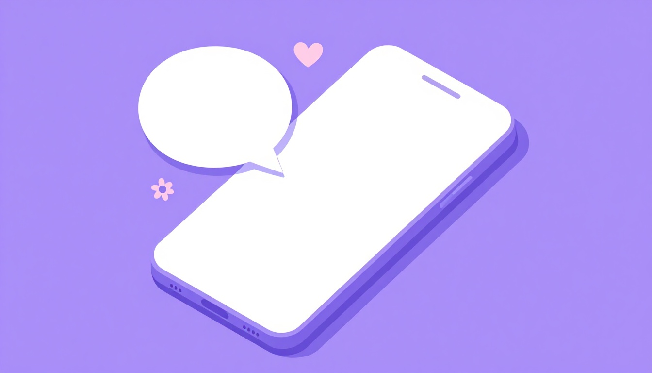 Un teléfono móvil sobre una mesa con un globo de conversación en blanco y un pequeño corazón flotando cerca de la pantalla