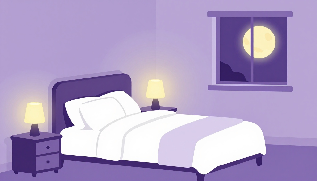 Quarto aconchegante à noite com luz de abajur baixa e cama arrumada, clima de hora de dormir