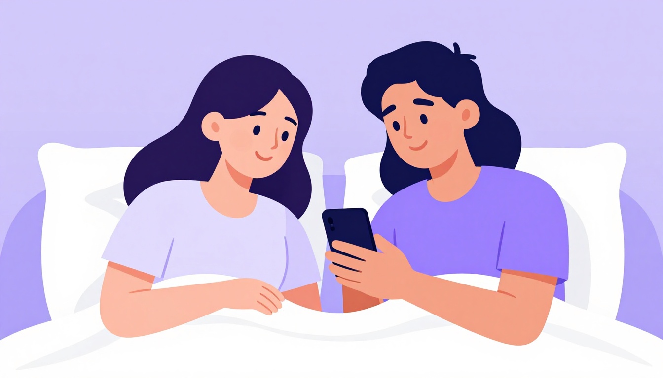 Casal sorrindo enquanto troca mensagens de boa noite pelo celular na cama