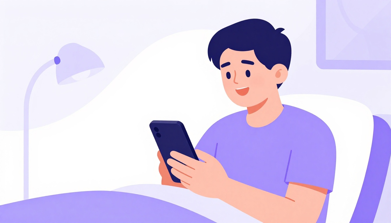 Pessoa sorrindo enquanto pratica inglês em voz alta usando o celular à noite