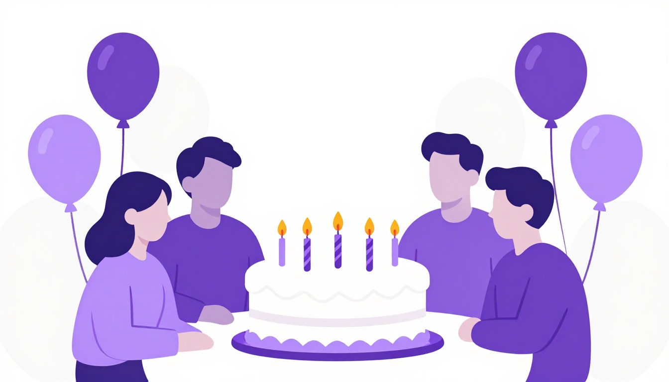 Bolo de aniversário com velas acesas sobre uma mesa decorada com balões