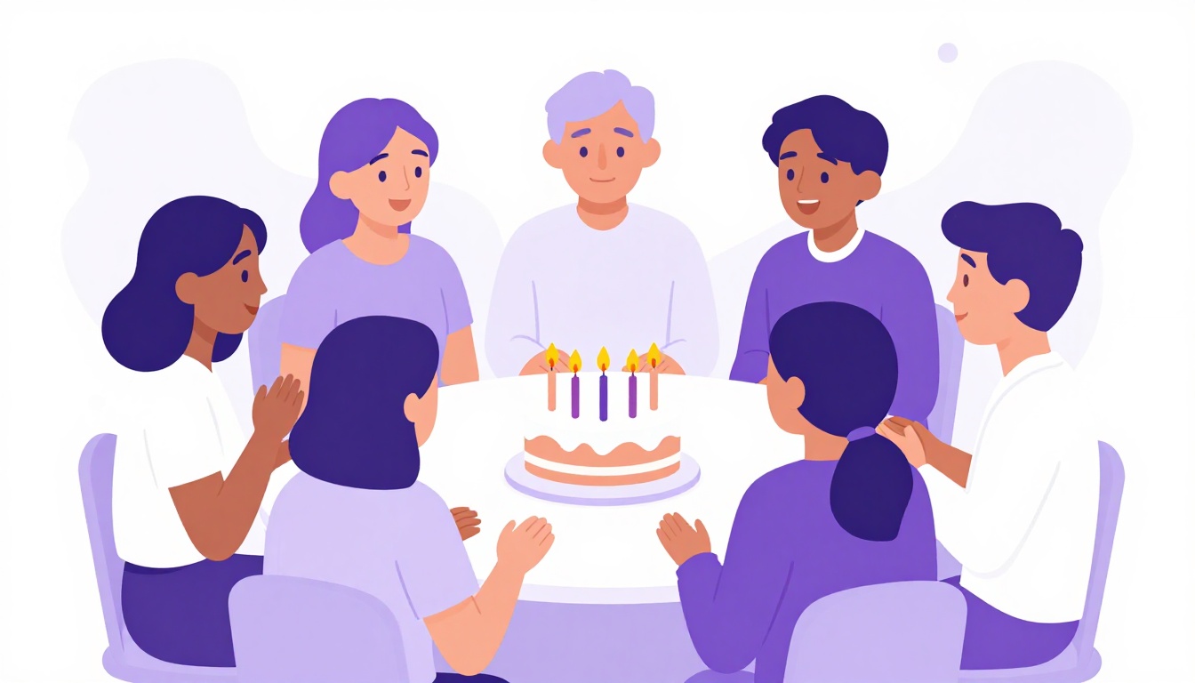 Grupo de pessoas cantando ao redor de um bolo de aniversário com velas