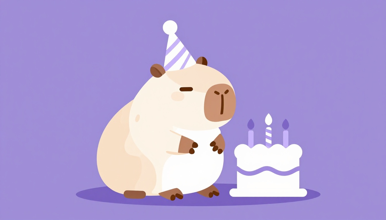 Capy, a capivara mascote do Comigo, usando um chapéu de festa ao lado de um bolo de aniversário