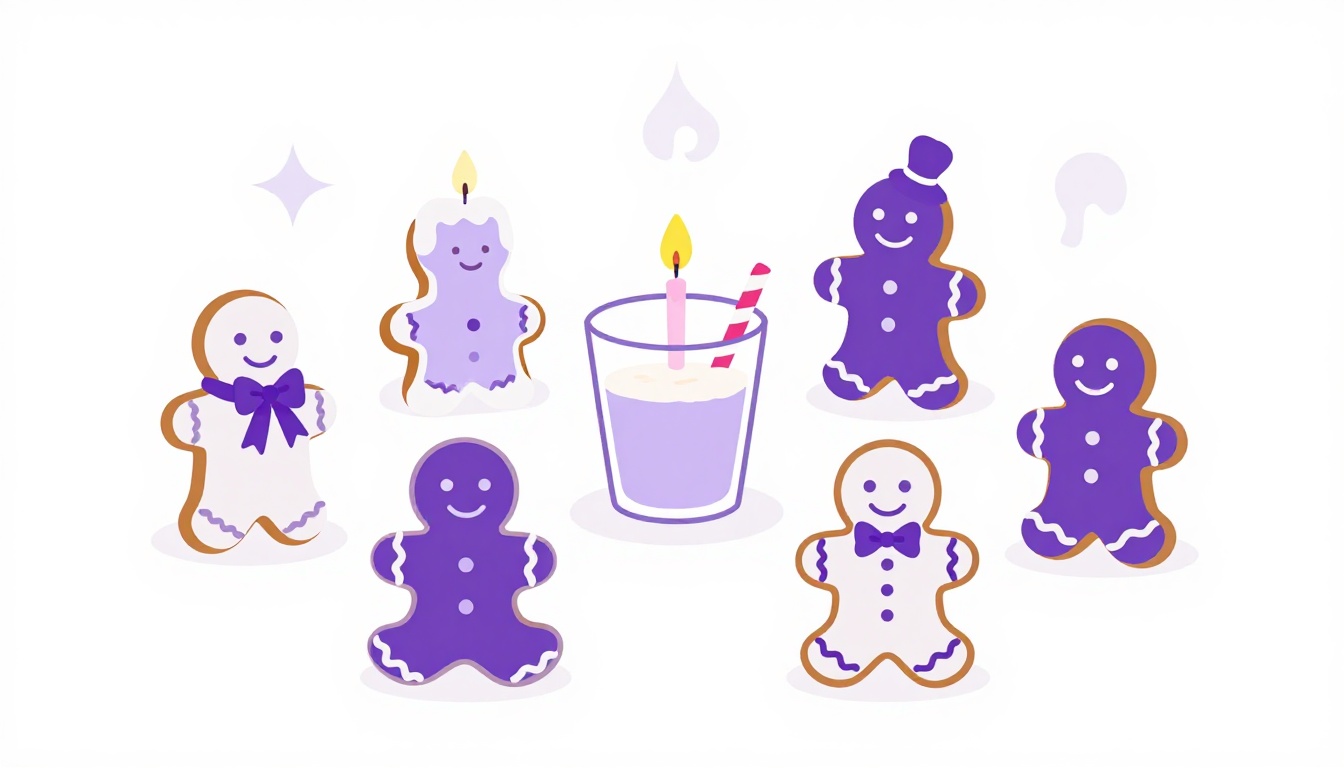 mesa com biscoitos de gengibre decorados e copo de eggnog ao lado de velas