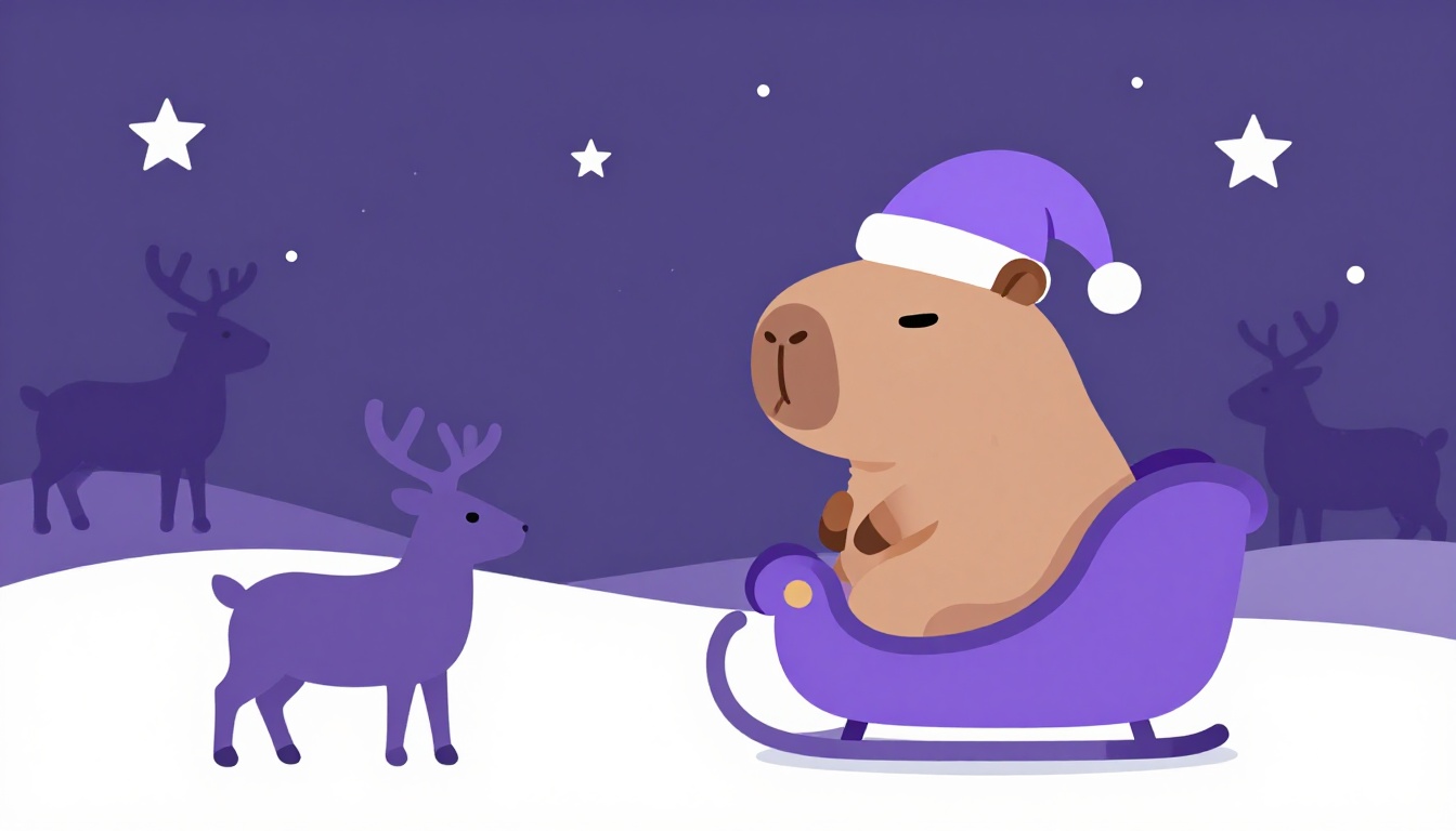 capivara com gorro de papai noel sentada perto de um treno com silhuetas de renas em ceu noturno