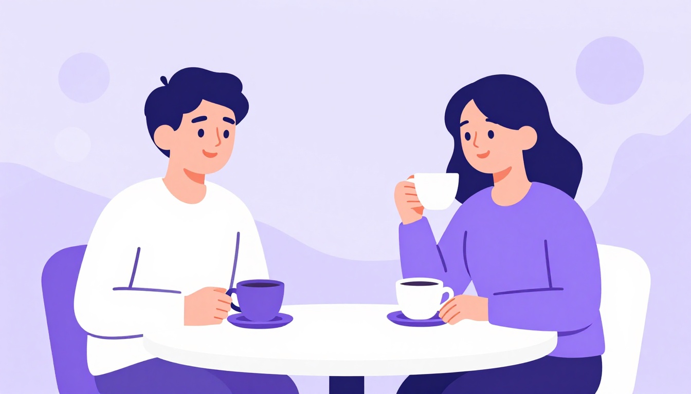 Casal sorrindo enquanto toma café da manhã juntos numa mesa, clima acolhedor de início de dia