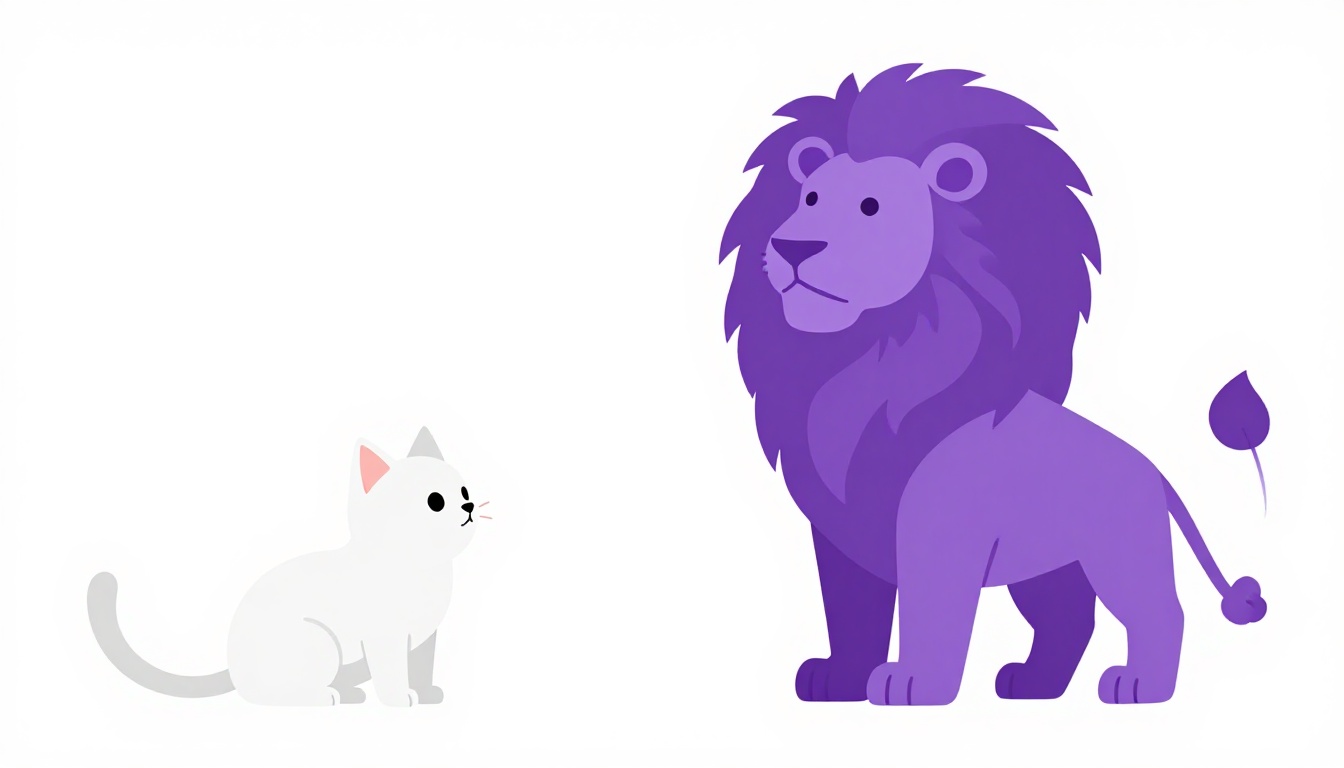 Um filhote de gato branco pequeno ao lado de um leão adulto roxo ilustrando a diferença de tamanho entre gatinho doméstico e felino selvagem
