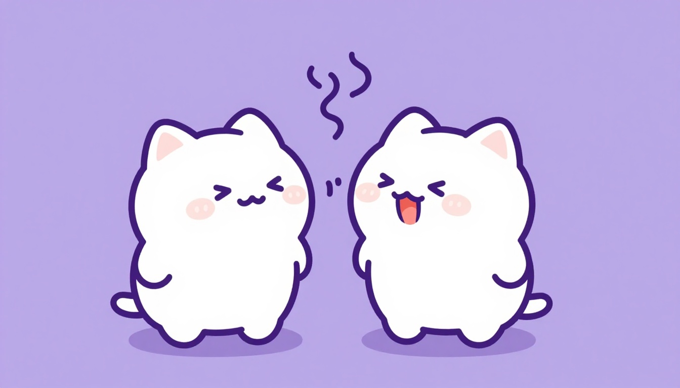 Dois filhotes de gato lado a lado, um deles com a boca aberta miando e pequenas ondas sonoras desenhadas acima da cabeça
