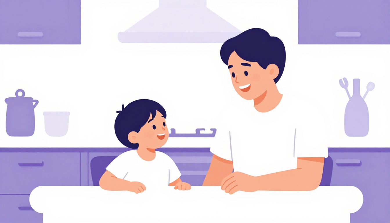 Pai e filho adulto conversando e rindo à mesa da cozinha