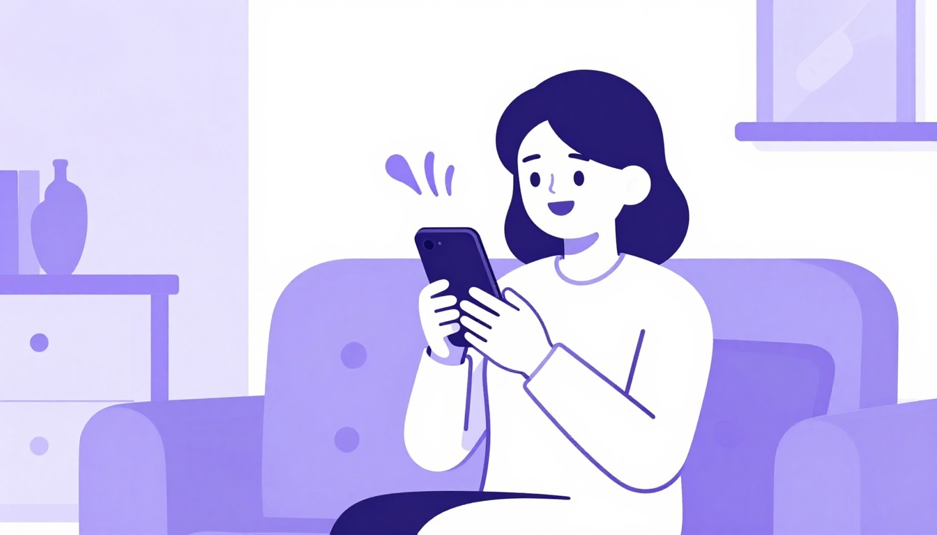 Pessoa sorrindo enquanto pratica falar em voz alta pelo celular em casa
