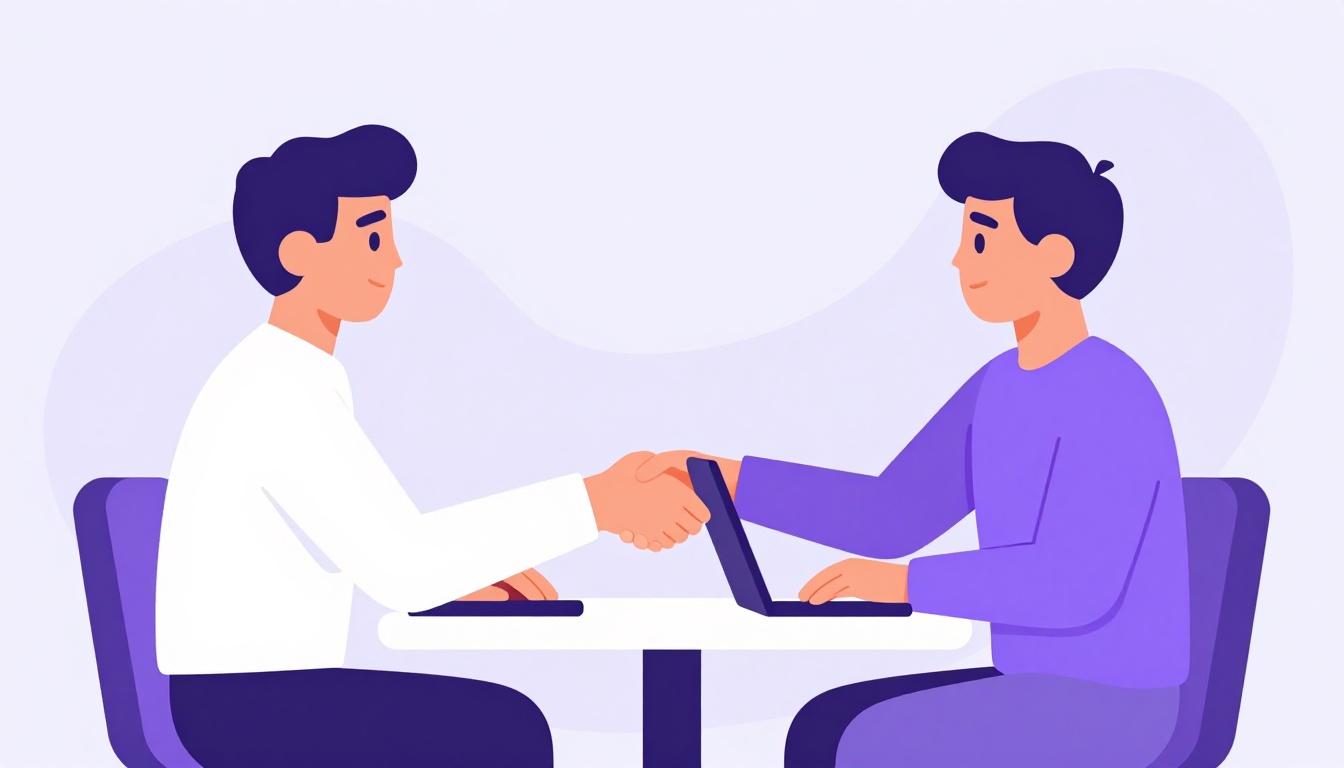 Duas pessoas sentadas em uma mesa de entrevista de emprego, uma estendendo a mão para cumprimentar a outra, com um laptop e currículos sobre a mesa