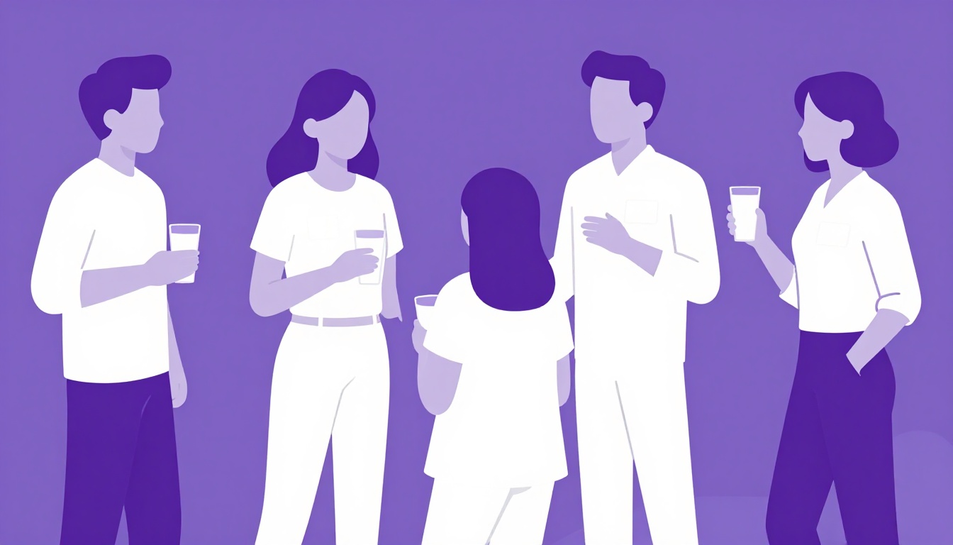 Grupo de pessoas profissionais conversando em um evento de networking, segurando bebidas e usando crachás em branco