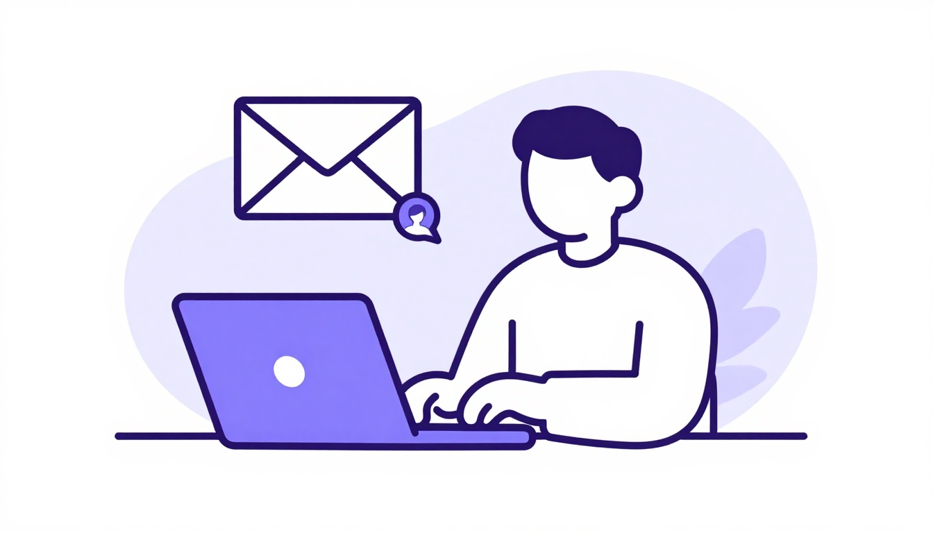 Uma pessoa digitando um e-mail em um laptop numa mesa aconchegante, com um ícone de envelope simples flutuando perto da tela