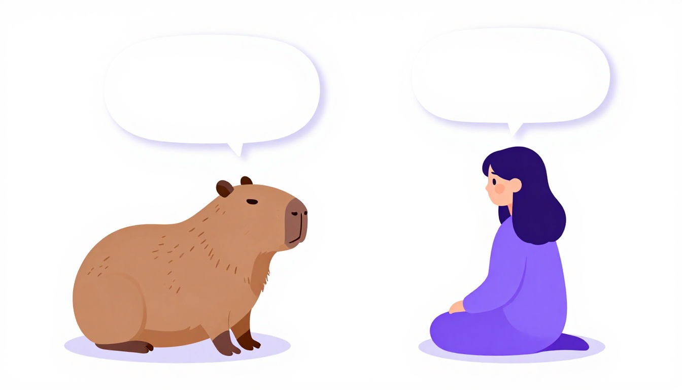 Capivara marrom sentada de frente para uma pessoa, com balões de conversa vazios entre as duas
