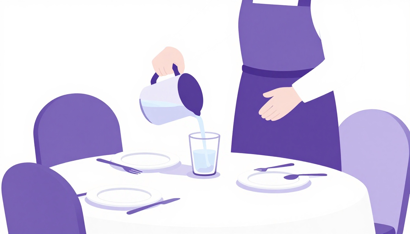 Mesero sirviendo agua en una mesa puesta con platos y cubiertos, antes de tomar el pedido de comida