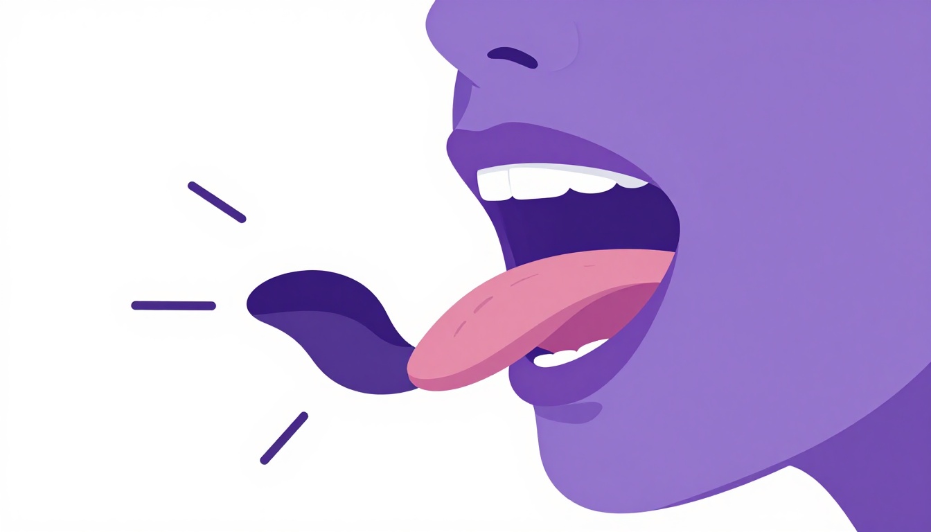 Ilustração de uma boca com a língua entre os dentes mostrando como produzir o som th em inglês
