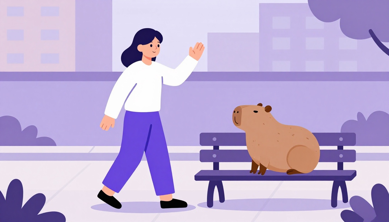 Dois amigos se cumprimentando na calçada numa tarde ensolarada, uma capivara sentada em um banco próximo acenando com a pata