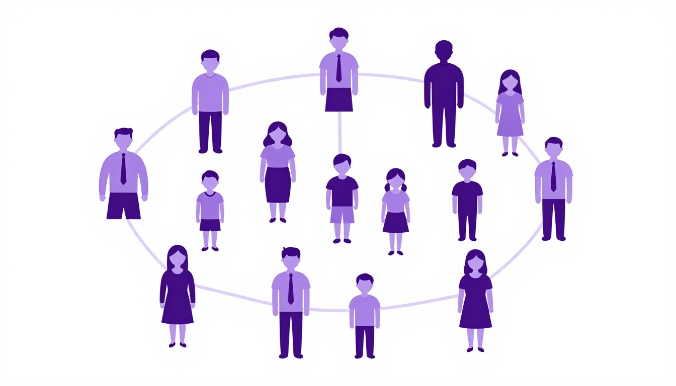 Árvore genealógica ilustrada com gerações de parentes conectados por linhas