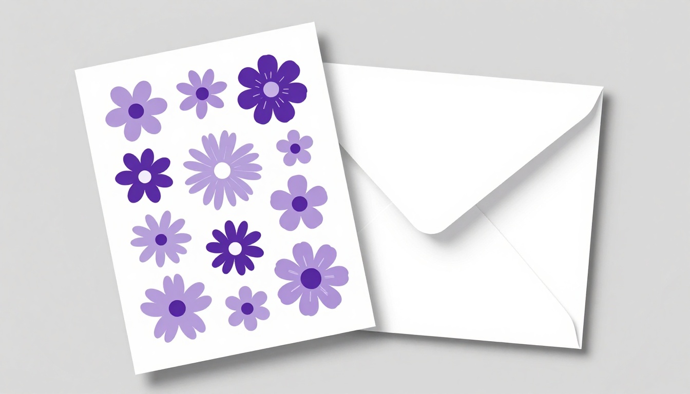 Cartão de felicitações decorado com flores ao lado de um envelope