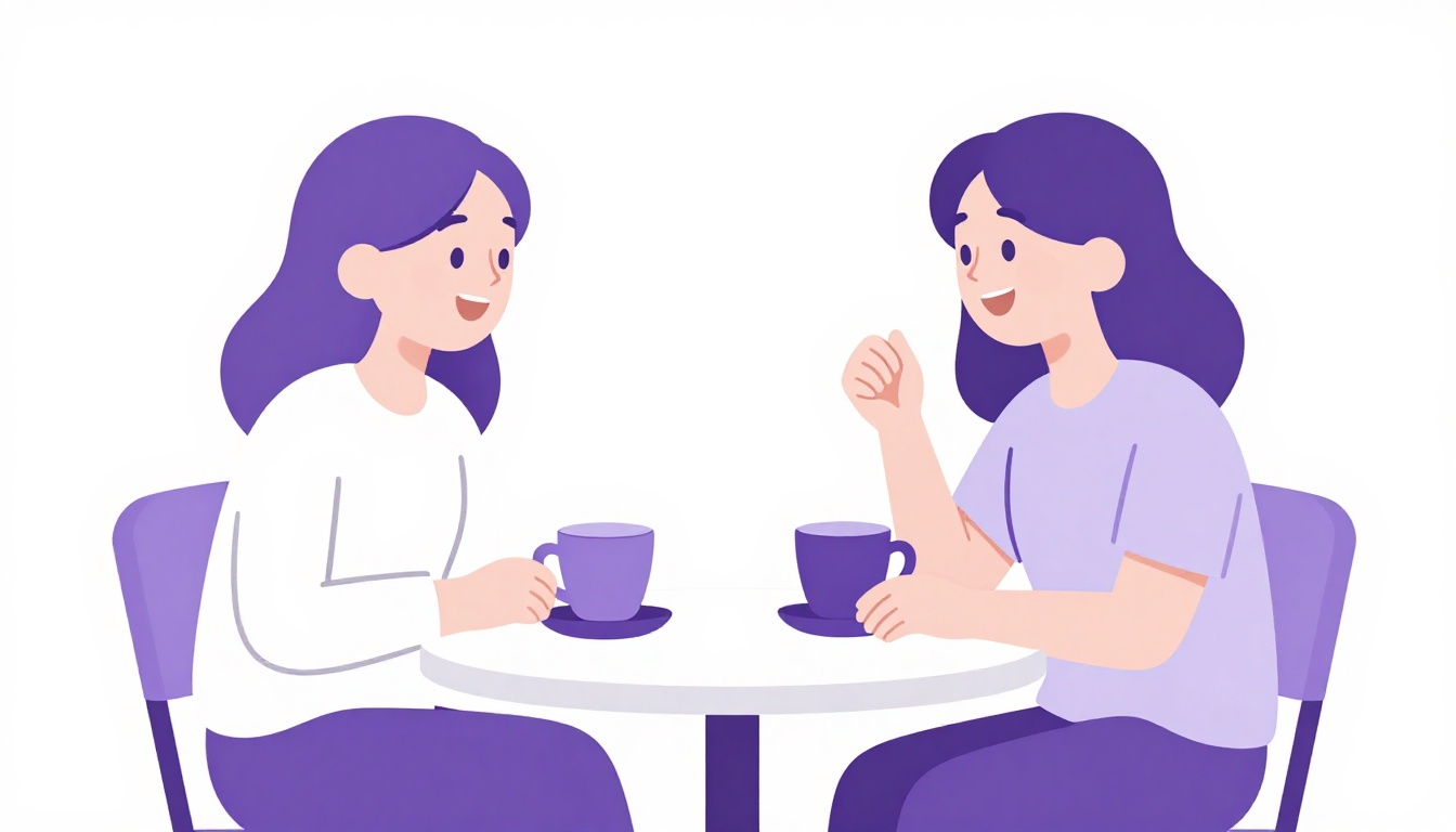Duas amigas conversando e rindo em uma mesa de café, praticando frases com please