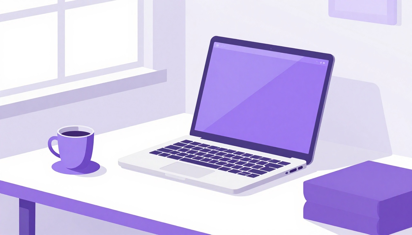 Laptop aberto sobre uma mesa organizada, cenário de redação de email formal em inglês
