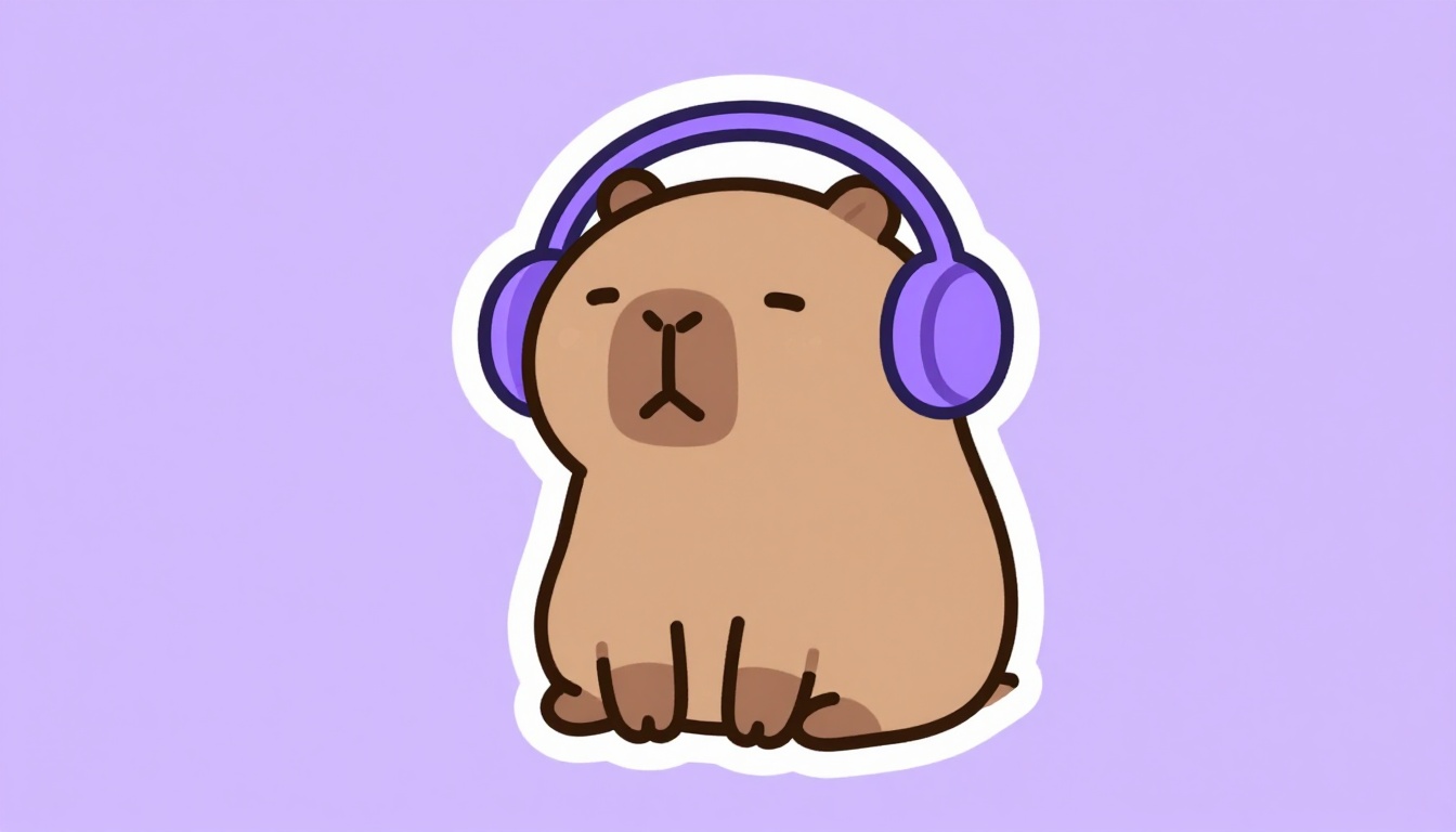 Capy, a capivara mascote do Comigo, usando fones de ouvido para praticar pronúncia em inglês