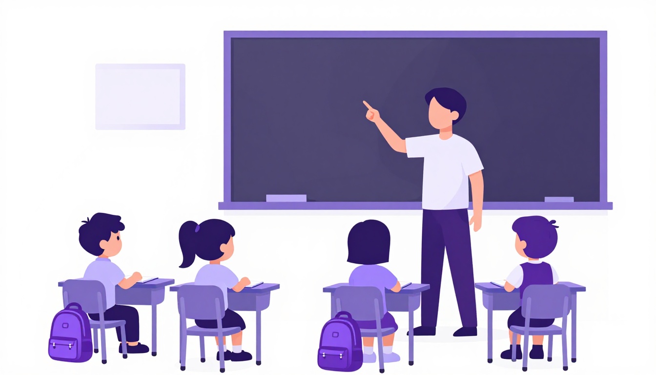 Sala de aula do ensino fundamental com uma professora apontando para a lousa e alunos sentados em carteiras