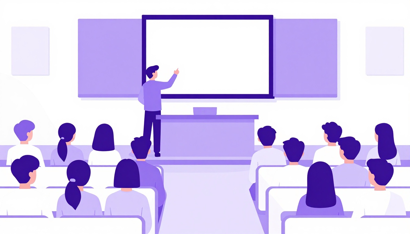 Anfiteatro de aula universitária cheio de estudantes, com um professor dando uma palestra ao lado de um projetor