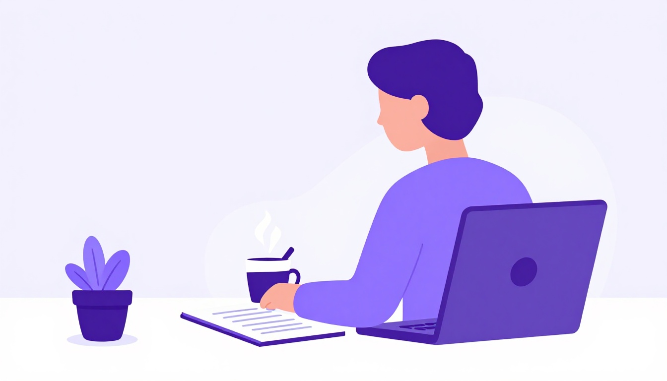 Pessoa sentada em frente a um laptop escrevendo um currículo em inglês, com uma xícara de café ao lado