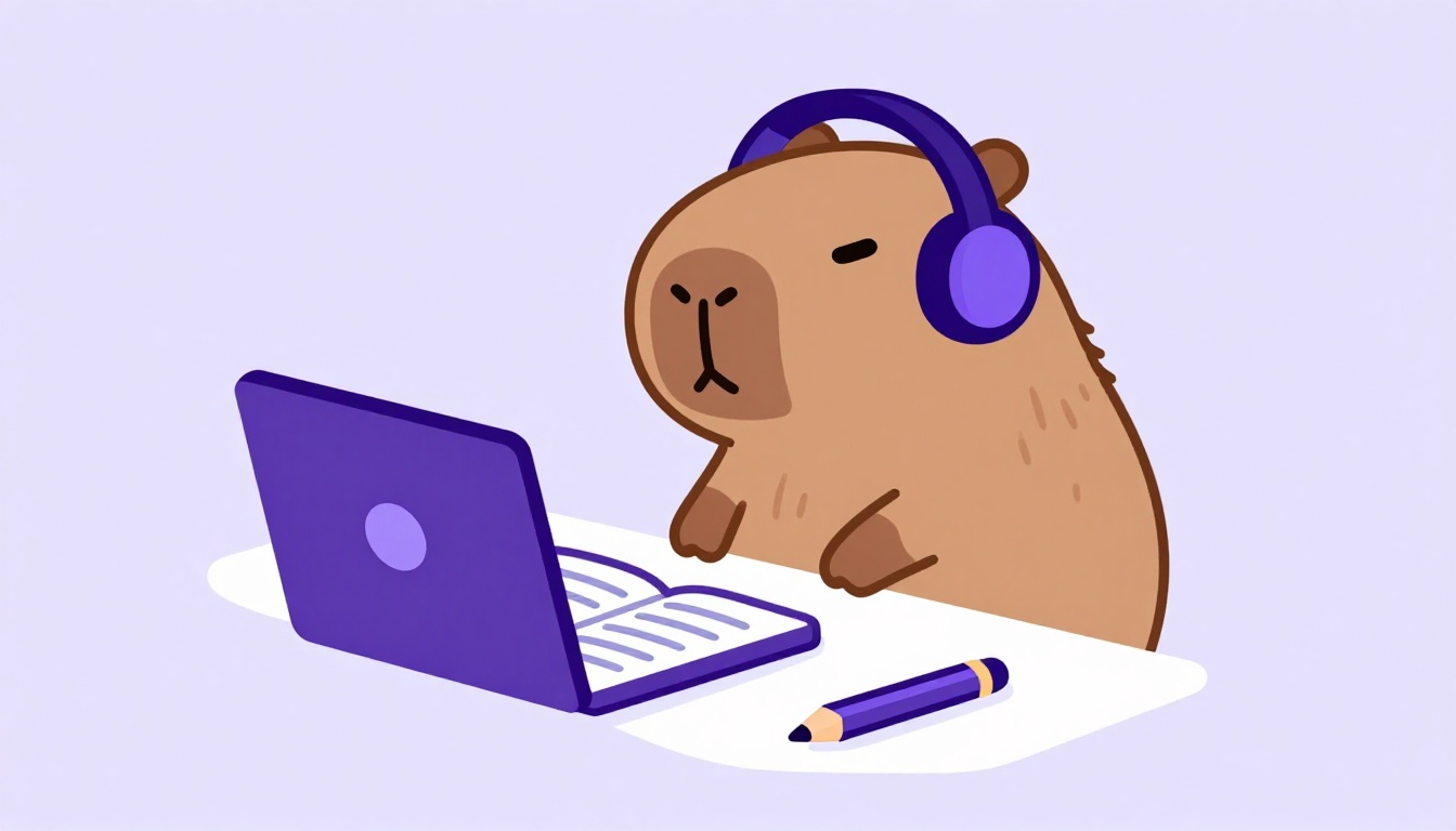 Capivara marrom sentada em uma escrivaninha estudando com um livro aberto e fones de ouvido, ao lado de um caderno de anotações