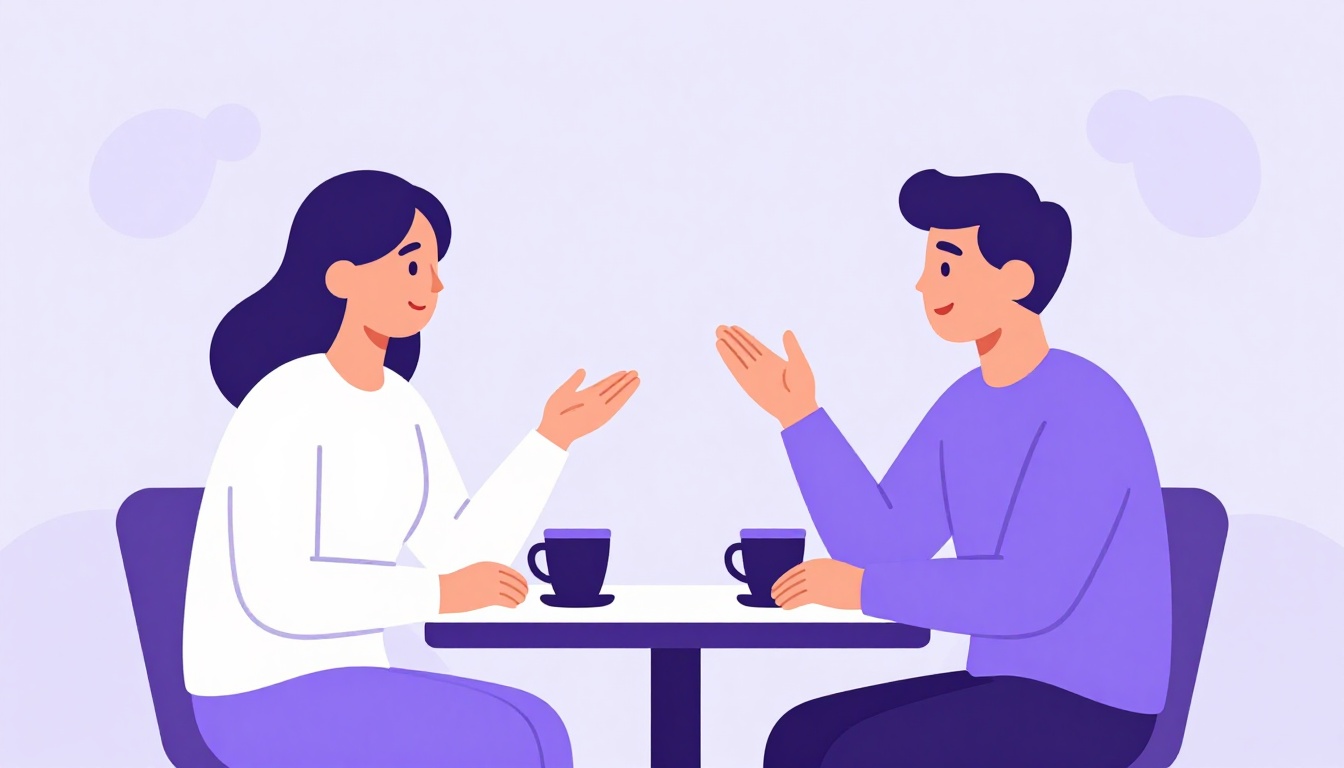 Duas pessoas conversando animadamente em uma mesa de café