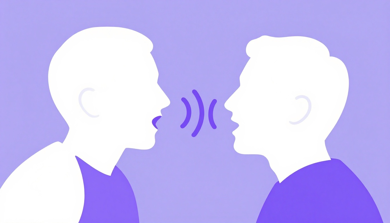 Duas pessoas conversando com ondas sonoras representando a pronúncia da fala