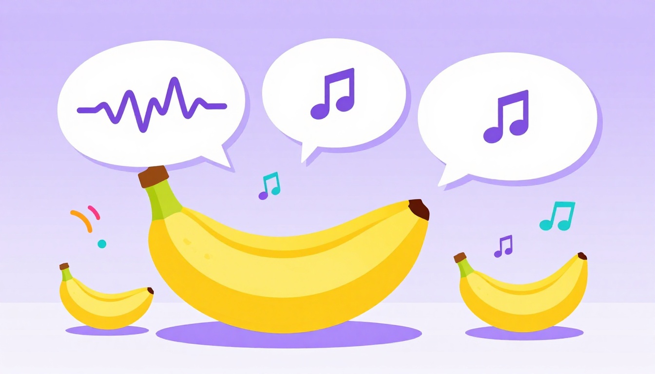 Penca de banana amarela com ondas sonoras coloridas saindo de cima, representando a pronúncia da palavra