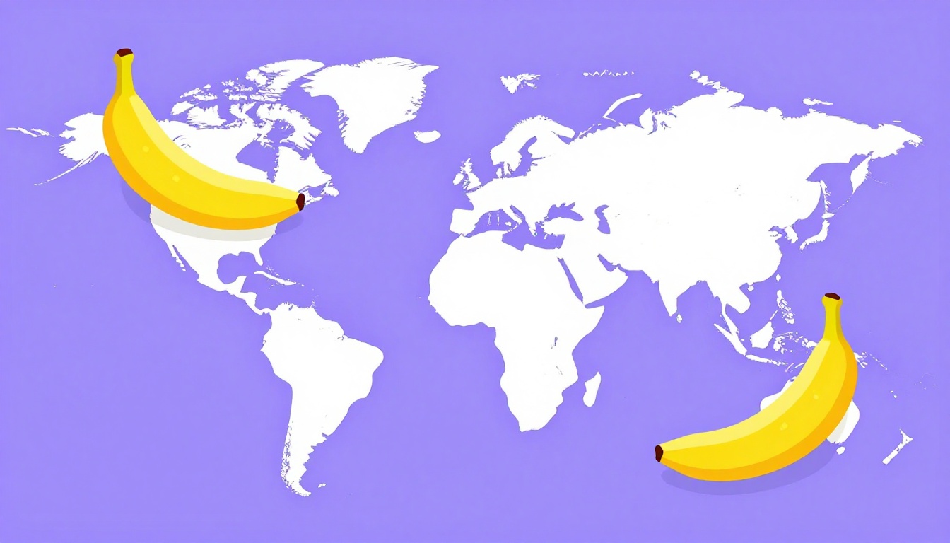 Mapa múndi estilizado com pequenos ícones de banana sobre a América do Norte e a Austrália, representando as diferentes variedades de pronúncia do inglês