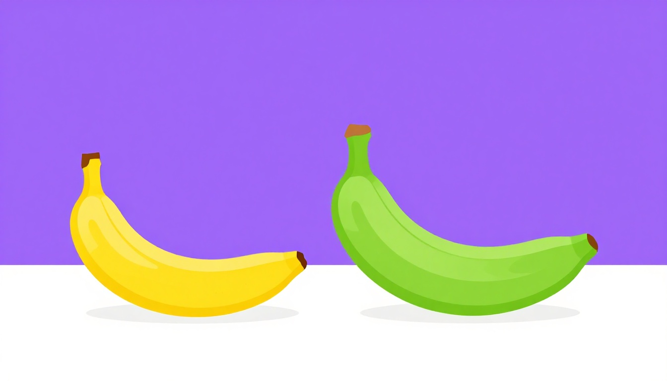 Duas bananas lado a lado sobre um balcão de feira, uma amarela e curva e outra verde e mais reta, mostrando a diferença entre banana e plantain