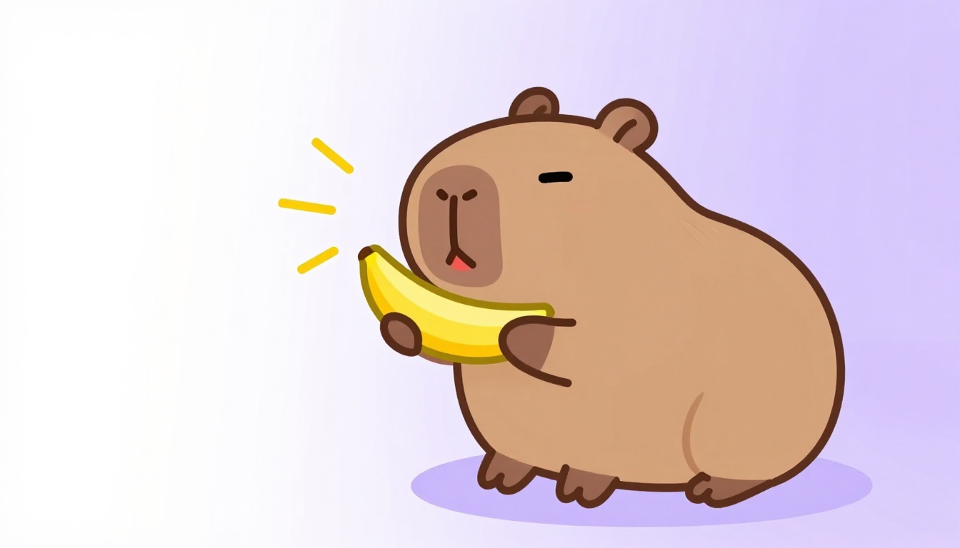Capy, a capivara mascote da Comigo, segurando uma banana perto da boca enquanto pratica a pronúncia em voz alta