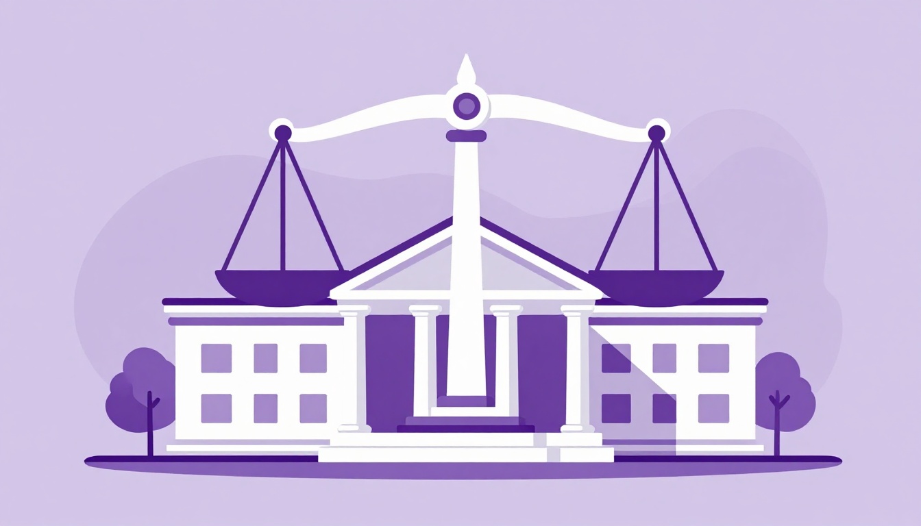 Balança da justiça e prédio de tribunal representando o sentido jurídico da palavra legal em inglês