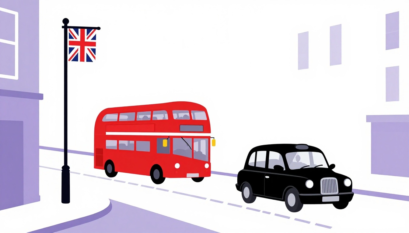 Ônibus de dois andares e cabine telefônica vermelha representando gírias britânicas para dizer legal em inglês