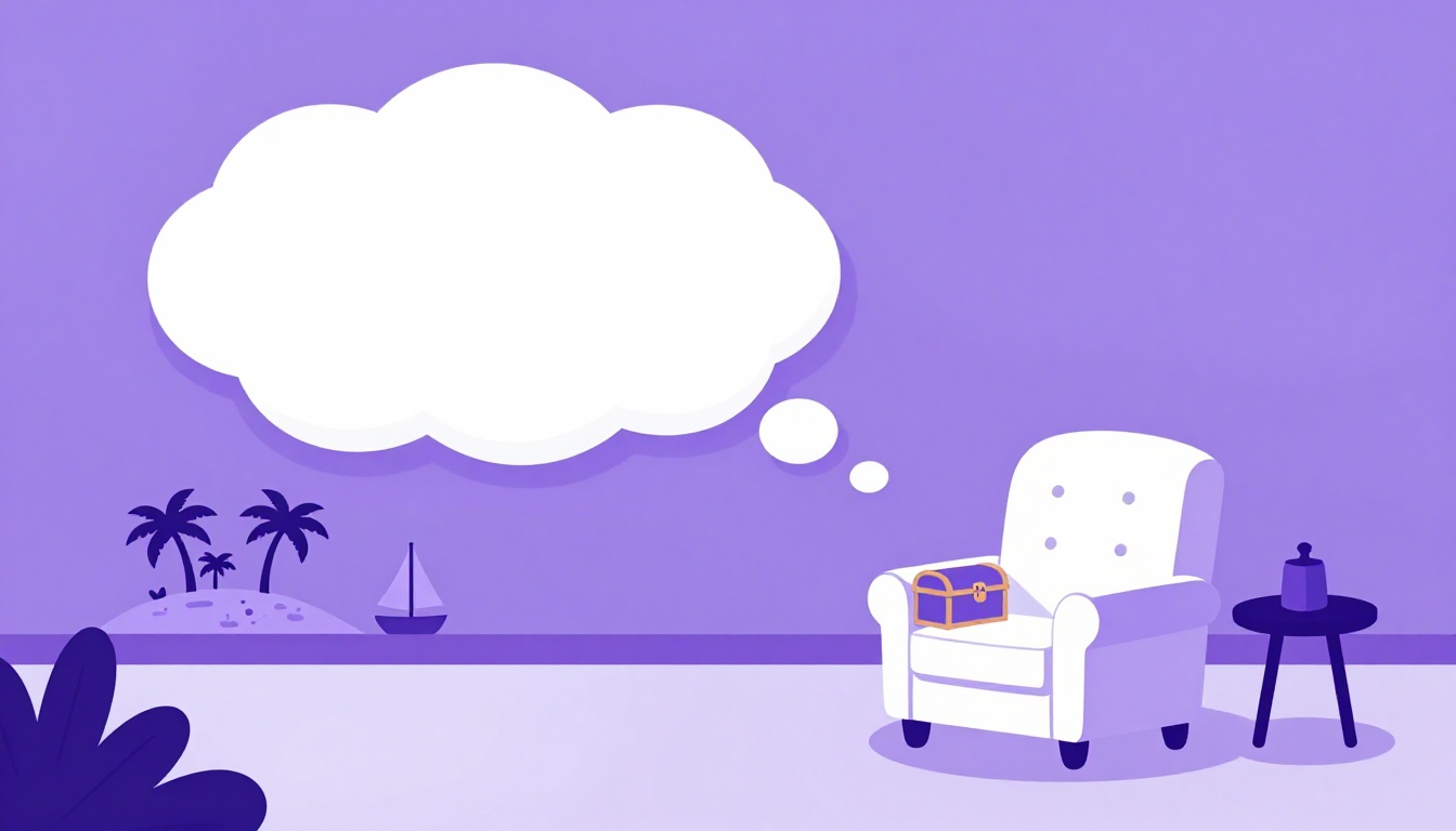 Una nube de ensueño sobre un sillón con un cofre del tesoro y una isla tropical, imagen del segundo condicional