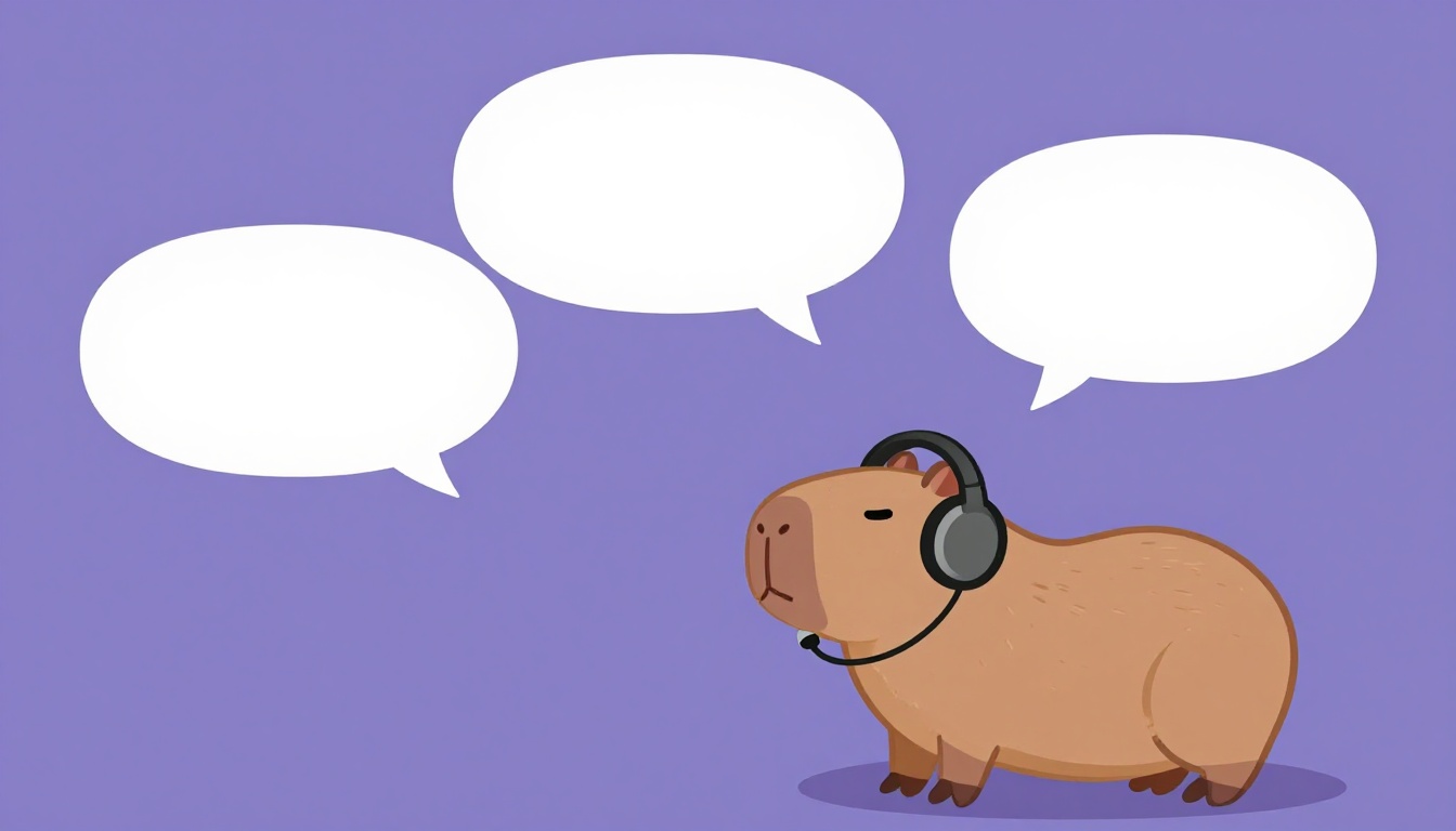Una capibara marrón con auriculares hablando ante un micrófono con burbujas de diálogo vacías, imagen de practicar condicionales en voz alta