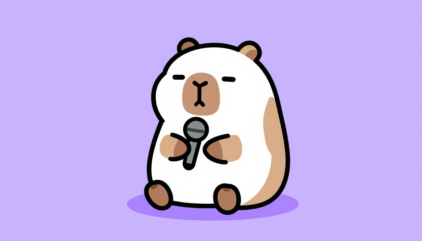 Uma capivara marrom simpática com um microfone caseiro, praticando frases em voz alta
