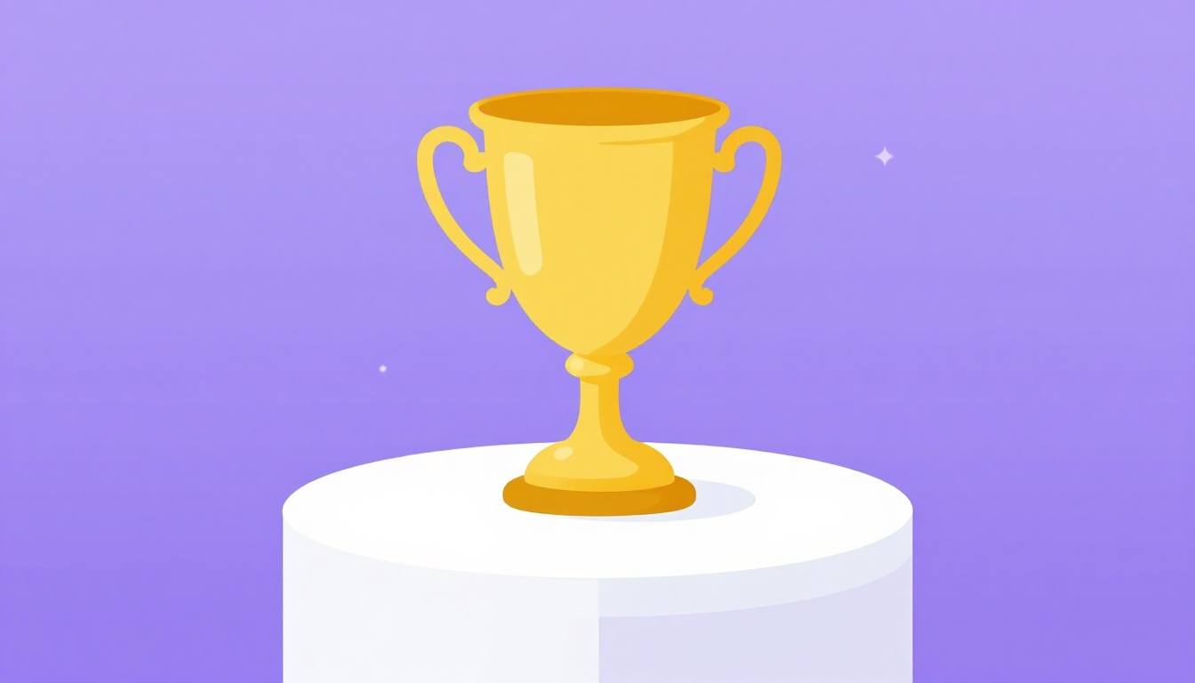 Um pódio dourado com um troféu no centro, representando a conclusão e o resumo das ideias
