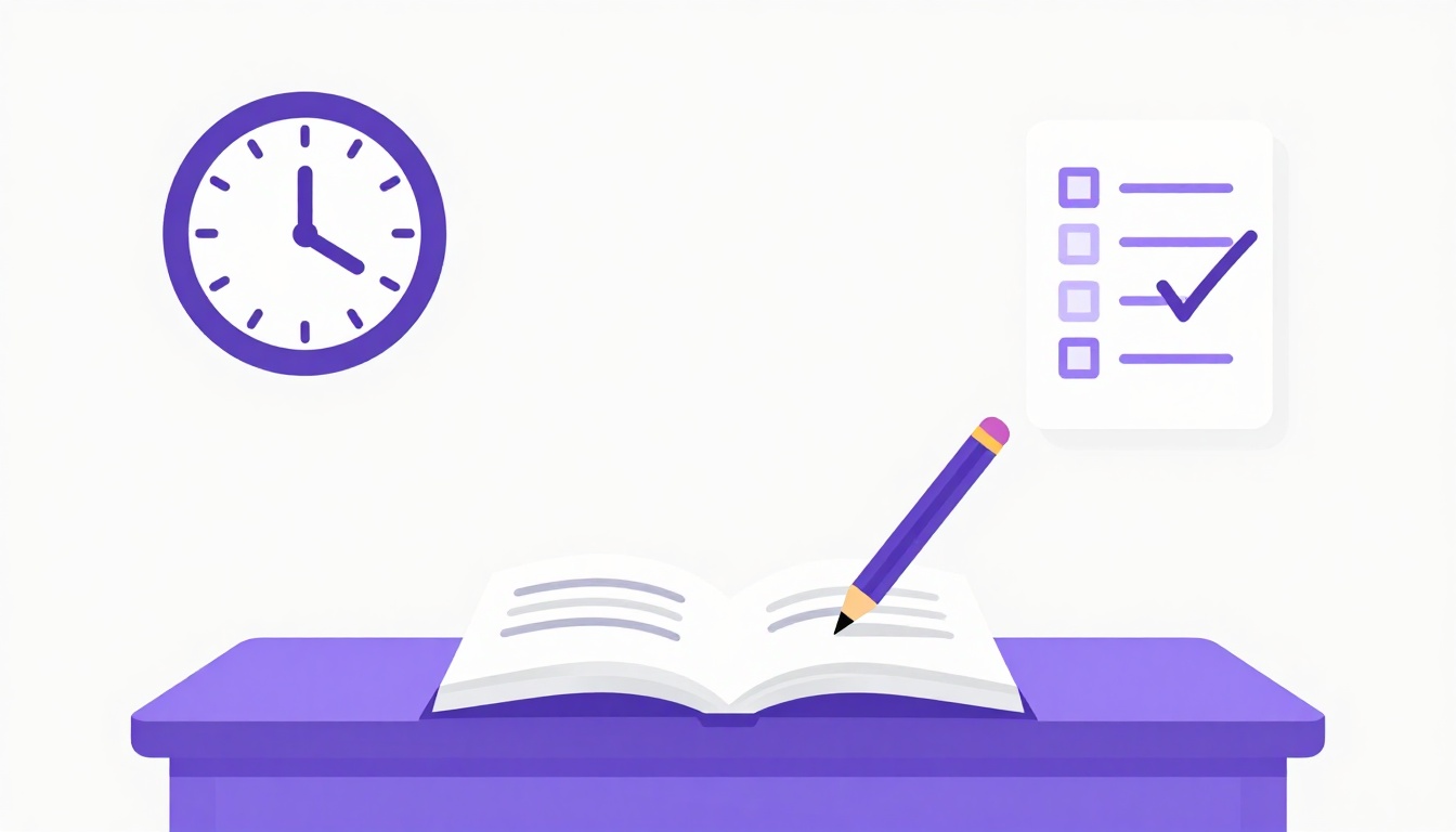 Mesa de examen con papel, lápiz, reloj y lista de comprobación, imagen sobre el uso de conectores en el Writing de inglés B2
