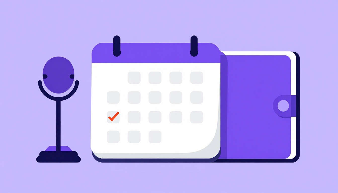 Teléfono con micrófono, tarjetas, cuaderno y calendario con días marcados, imagen sobre cómo practicar los conectores en inglés B2
