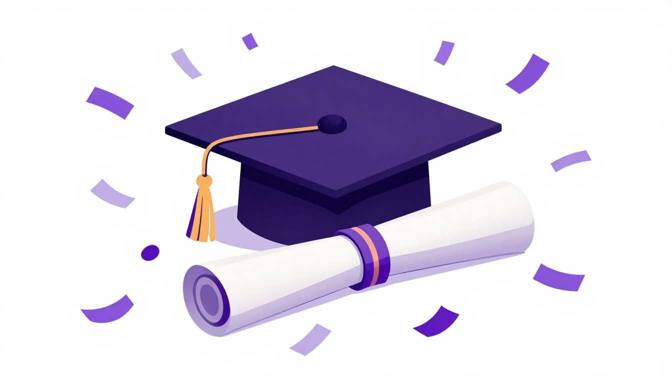 graduation cap resting on a rolled diploma with confetti falling around it