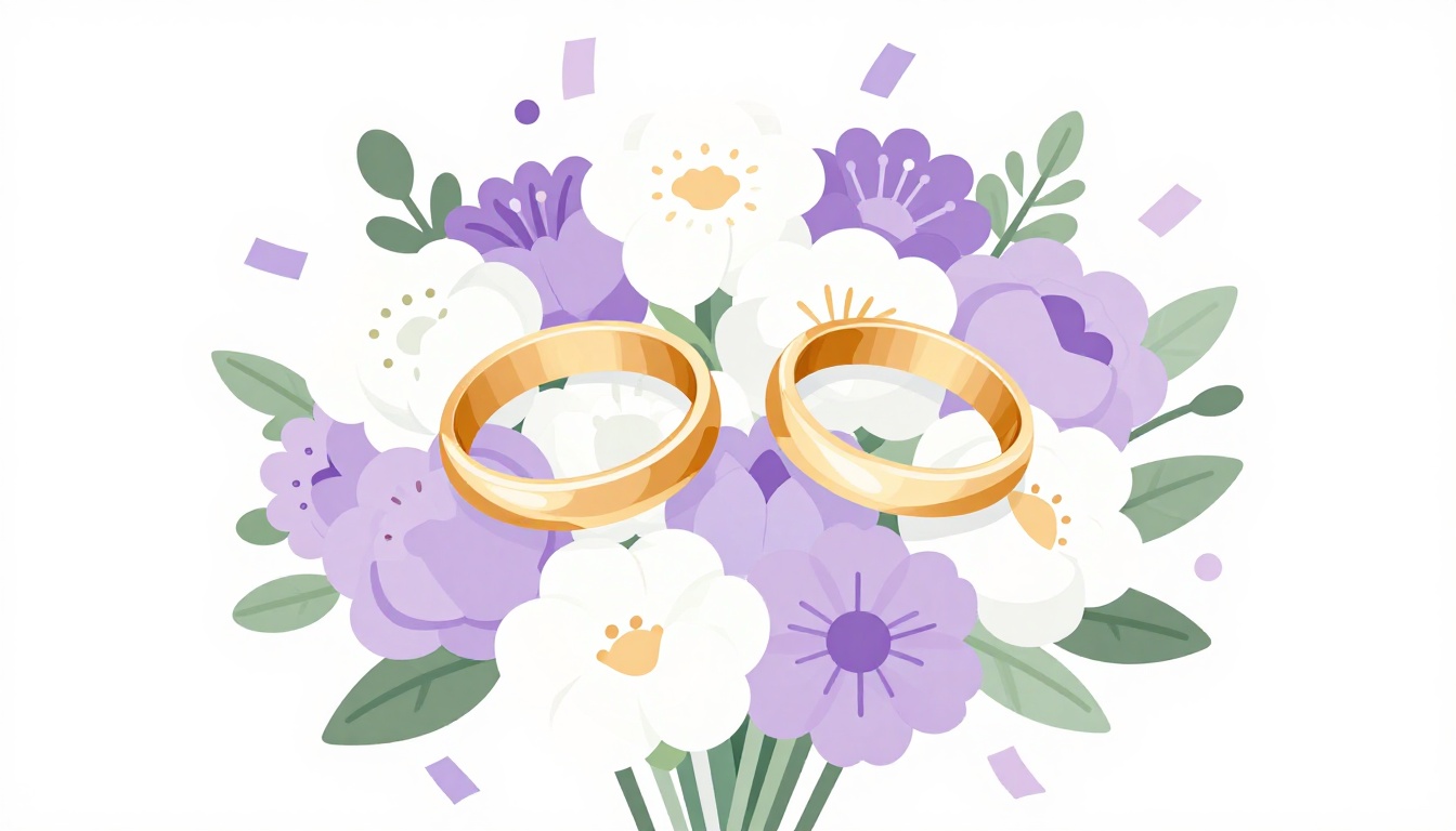 two gold wedding rings resting on a bouquet of purple and white flowers
