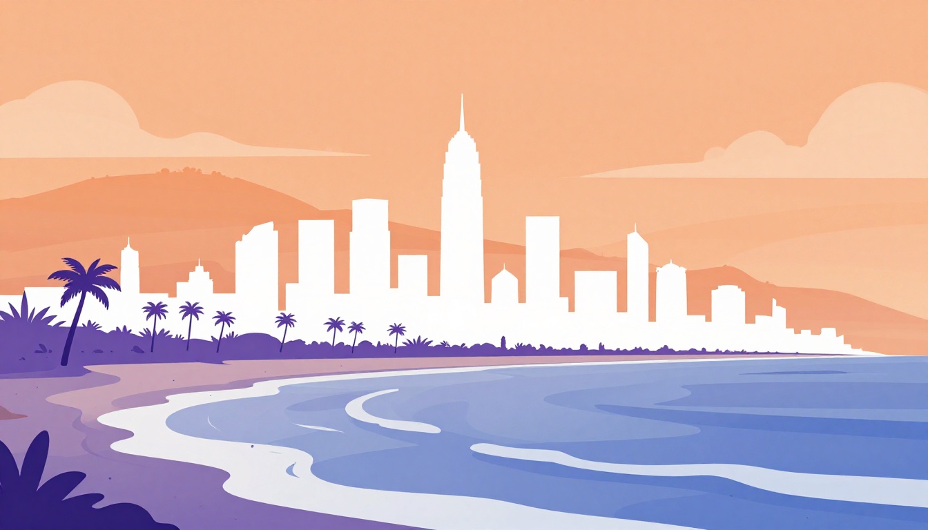 Illustration of a coastal city skyline evoking Luanda Angola with palm trees and savanna hills