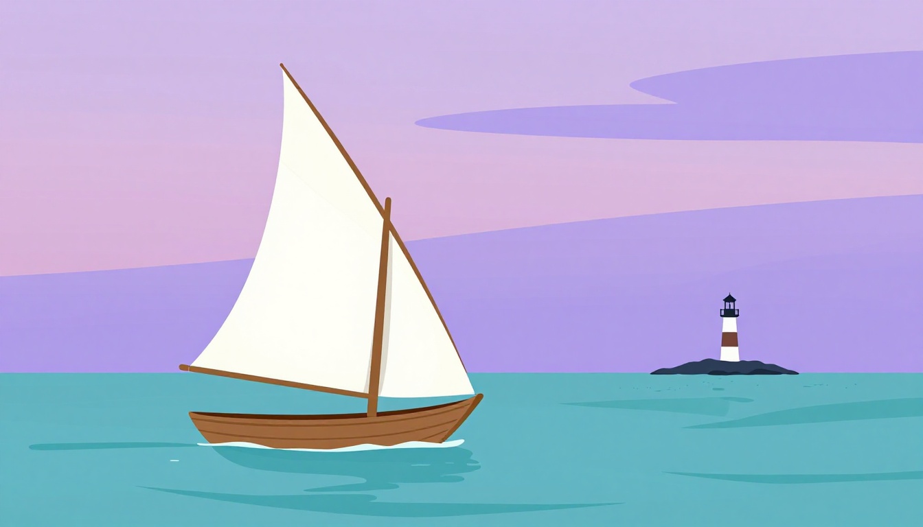Illustration of dhow sailboats and a lighthouse along the Indian Ocean coast evoking Mozambique