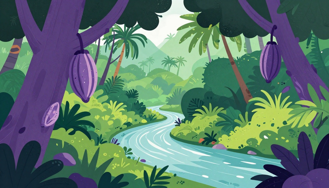 Illustration of cacao pods and lush tropical forest evoking Sao Tome and Principe